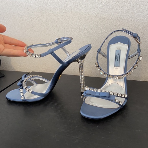 NIB Prada Satin Blue Ribbon Jeweled Gem Embellished Heeled Sandals - Picture 10 of 17